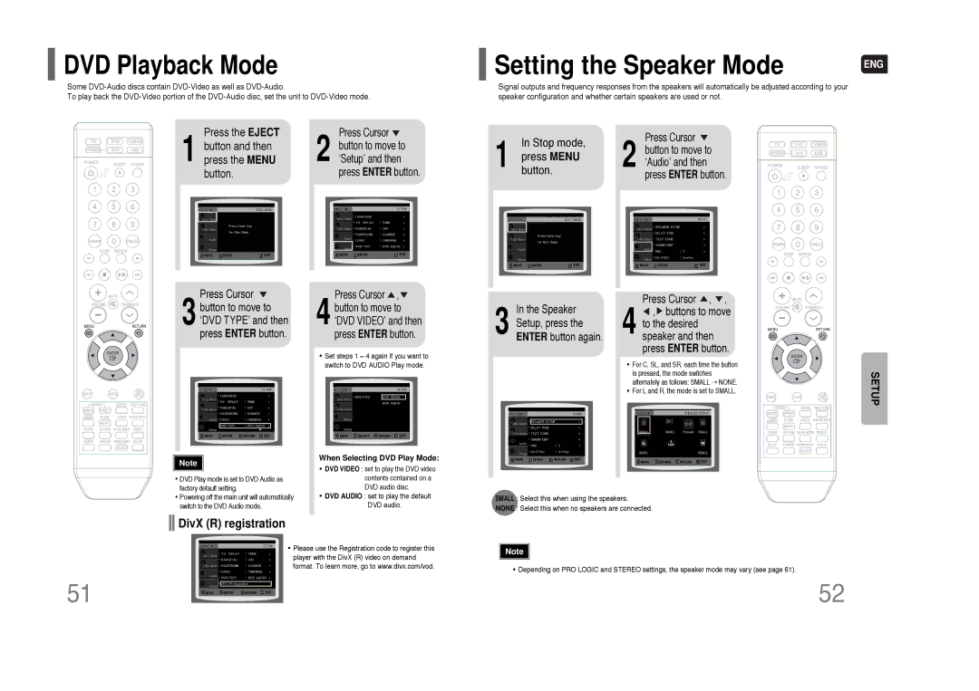 Samsung HT-XQ100 DVD Playback Mode, Button to move to, ‘DVD TYPE’ and then, Speaker Setup, press the Enter button again 