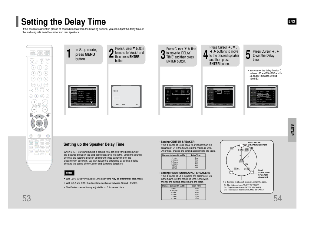 Samsung HT-XQ100 instruction manual Setting the Delay Time, Setting Center Speaker, Setting Rear Surround Speakers 