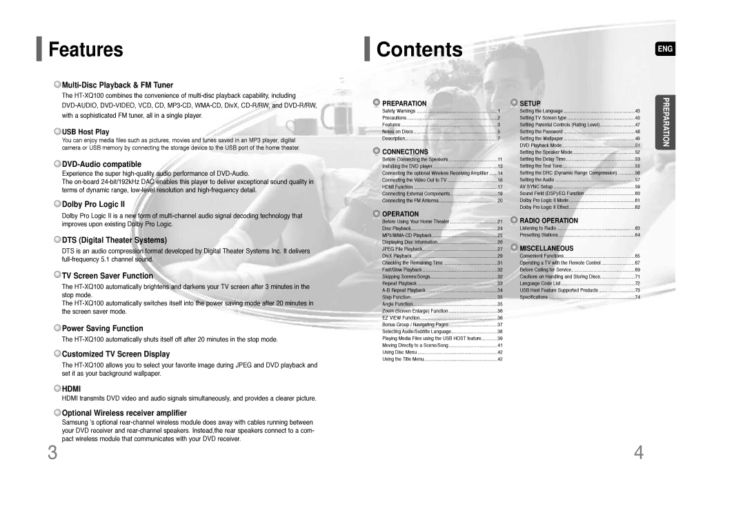 Samsung HT-XQ100 instruction manual Contents 