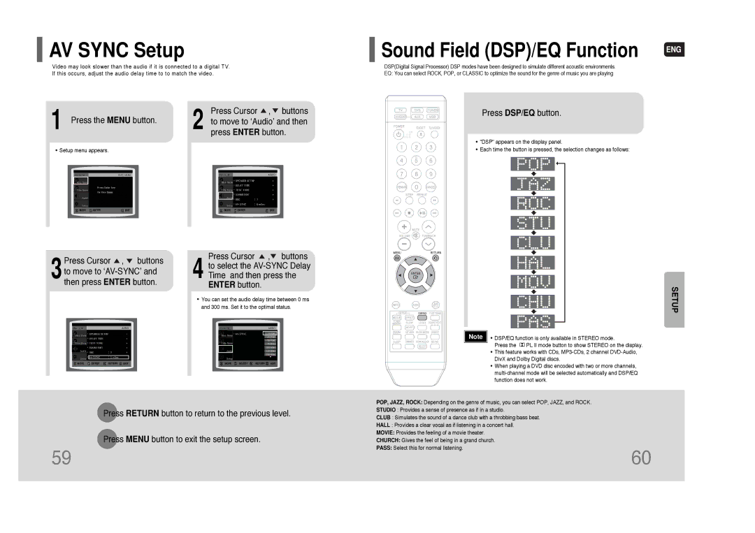 Samsung HT-XQ100 instruction manual AV Sync Setup, Press DSP/EQ button 