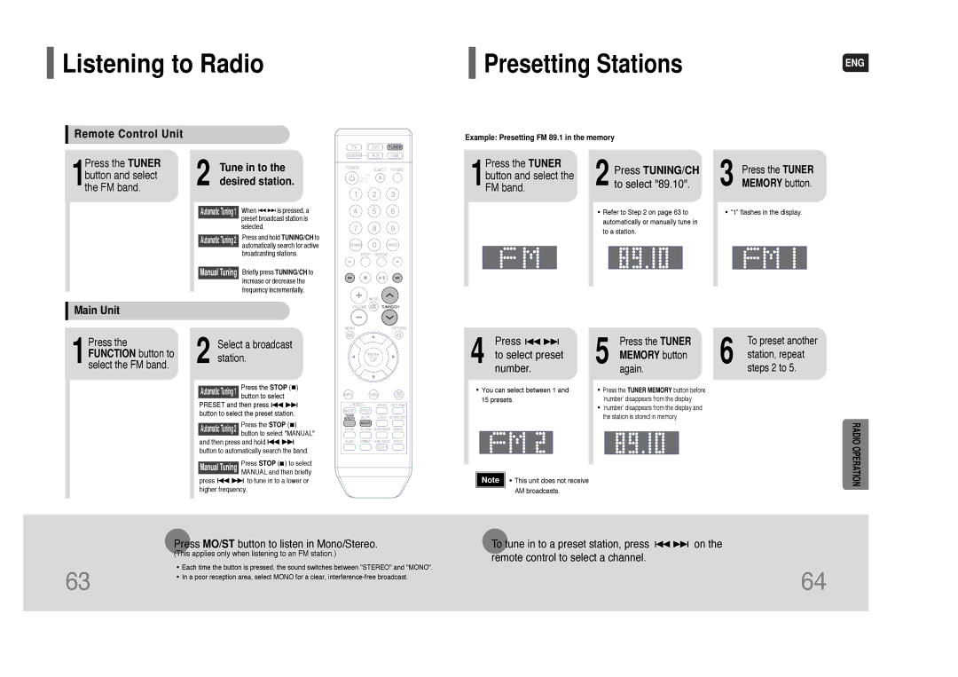 Samsung HT-XQ100 Listening to Radio, Remote Control Unit, Tune in to the desired station, Press TUNING/CH, Main Unit 