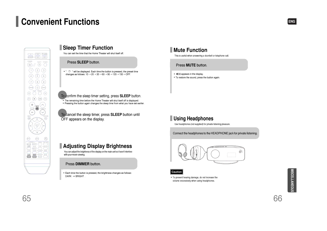 Samsung HT-XQ100 instruction manual Convenient Functions, Press Sleep button, Press Dimmer button 