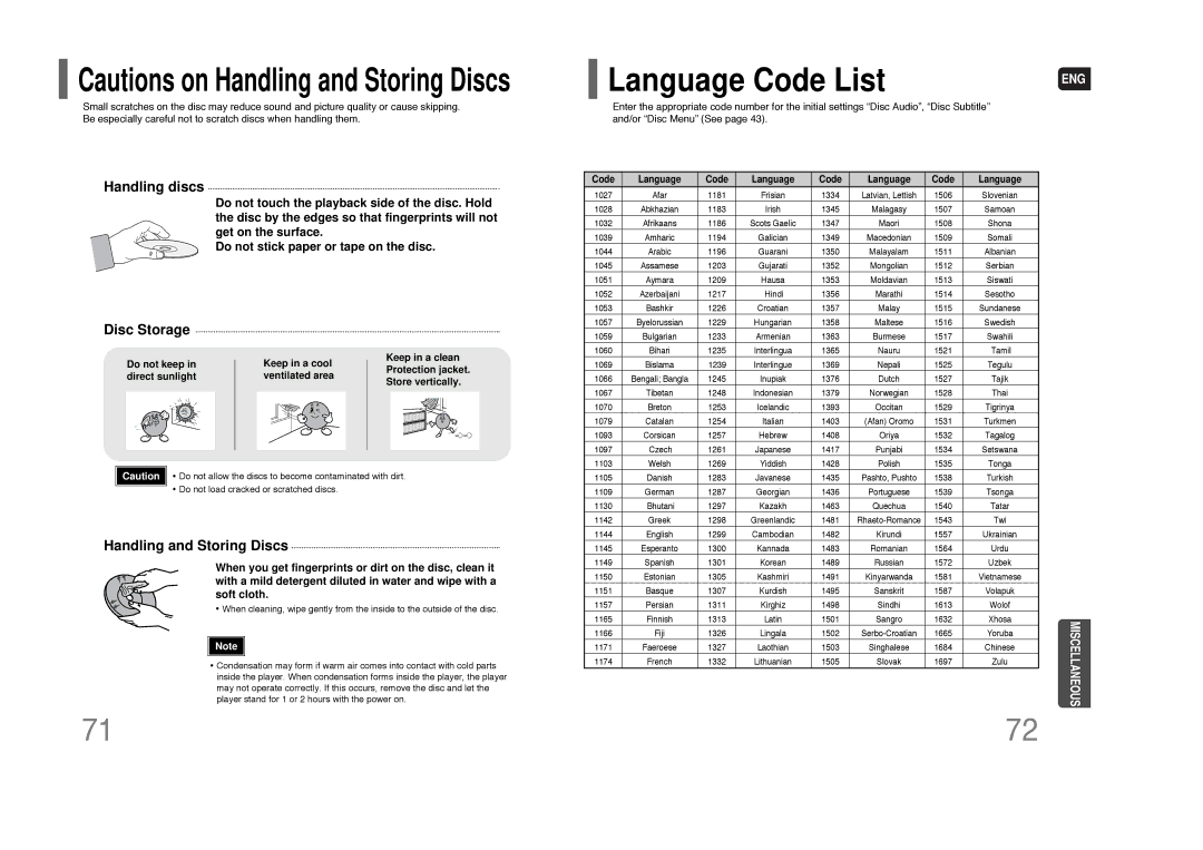 Samsung HT-XQ100 instruction manual Language Code List, Handling discs 