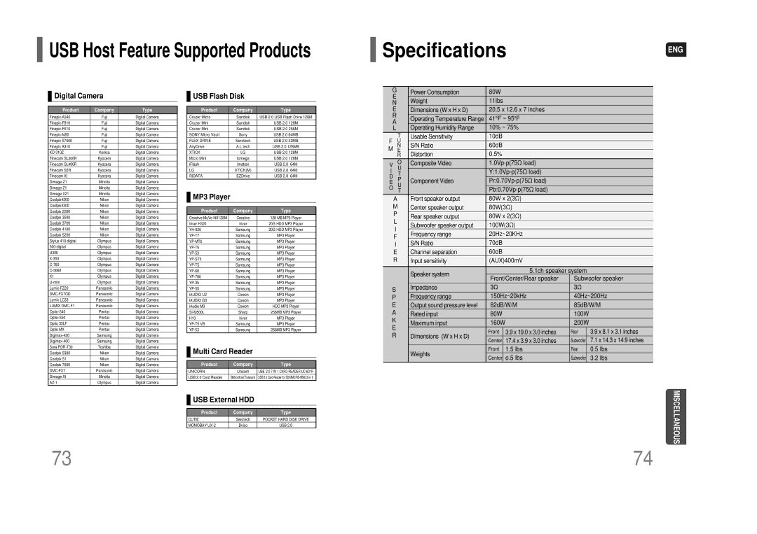 Samsung HT-XQ100 instruction manual SpecificationsENG, Digital Camera 