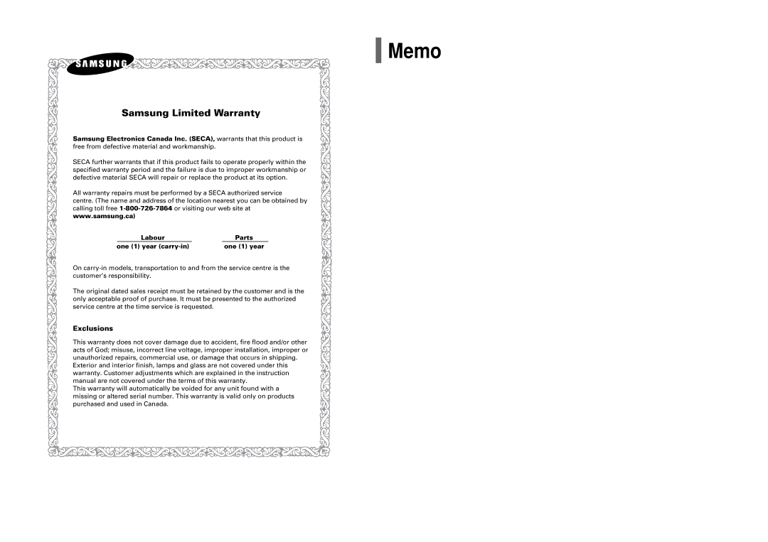 Samsung HT-XQ100 instruction manual Memo, Samsung Limited Warranty 