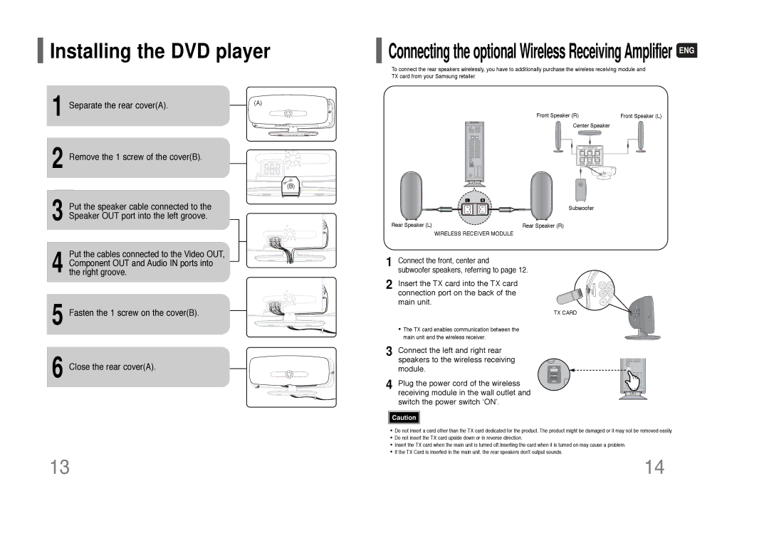 Samsung HT-XQ100 instruction manual Installing the DVD player, Fasten the 1 screw on the coverB Close the rear coverA 