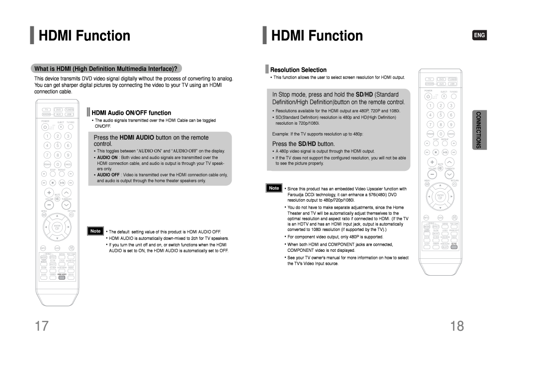 Samsung HT-XQ100 HDMI Function, HDMI Audio ON/OFF function, Press the HDMI AUDIO button on the remote control, Connections 