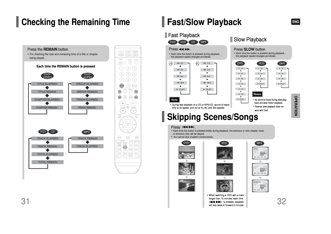Samsung HT-XQ100 Fast/Slow Playback, Skipping Scenes/Songs, Checking the Remaining Time, Fast Playback, Press SLOW button 