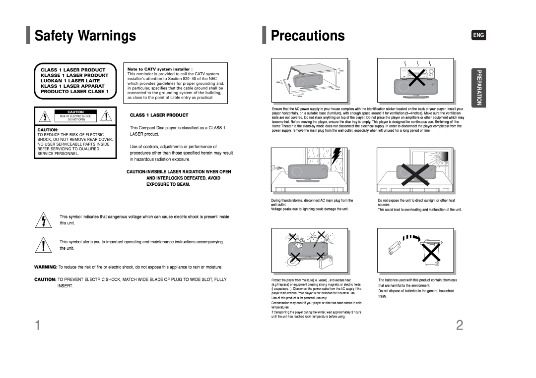 Samsung HT-XQ100 instruction manual Safety Warnings, PrecautionsENG, Preparation, CLASS 1 LASER PRODUCT 