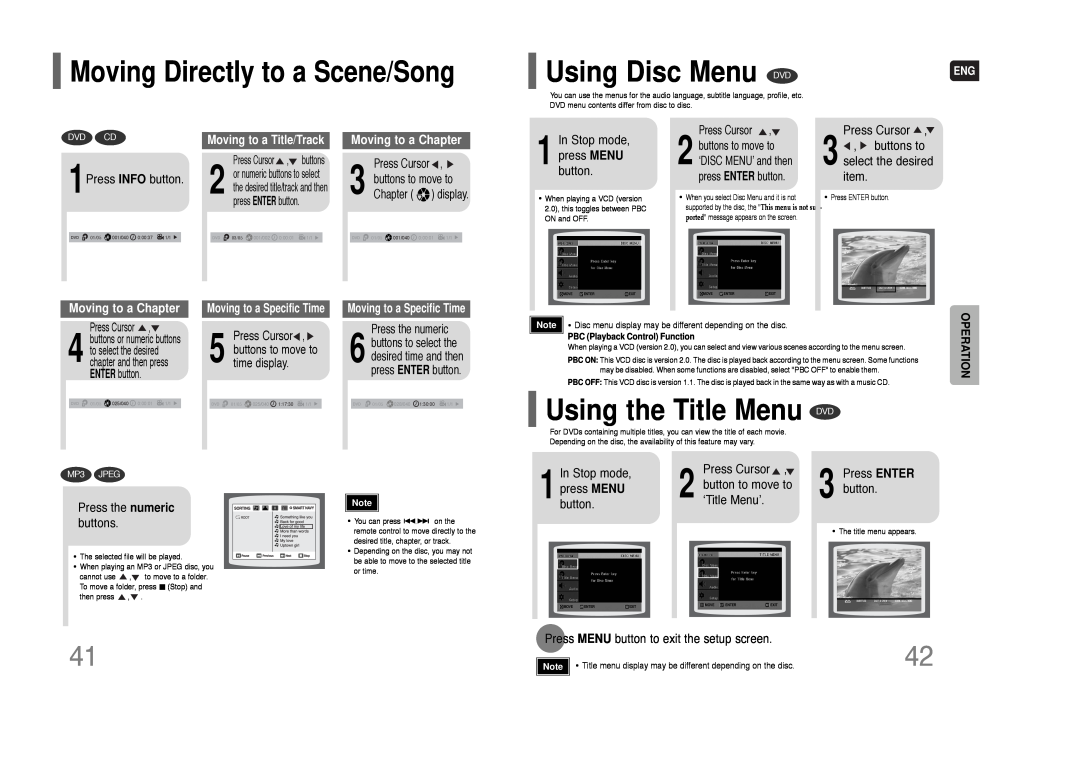 Samsung HT-XQ100 Using Disc Menu, Using the Title Menu DVD, Moving Directly to a Scene/Song, Moving to a Chapter 