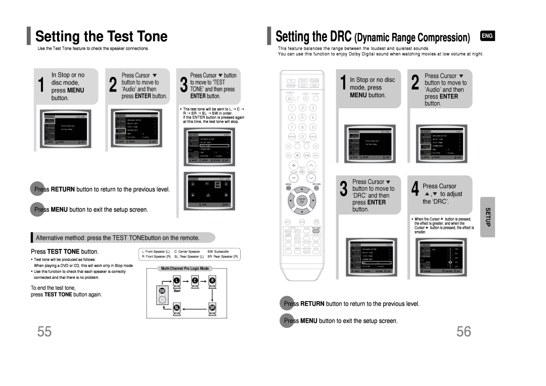 Samsung HT-XQ100 instruction manual Setting the Test Tone, Setting the DRC Dynamic Range Compression, Setup 