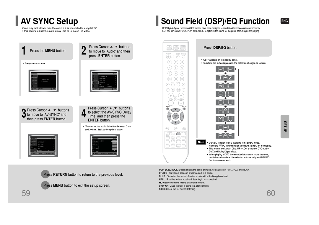 Samsung HT-XQ100 instruction manual AV SYNC Setup, Sound Field DSP/EQ Function 