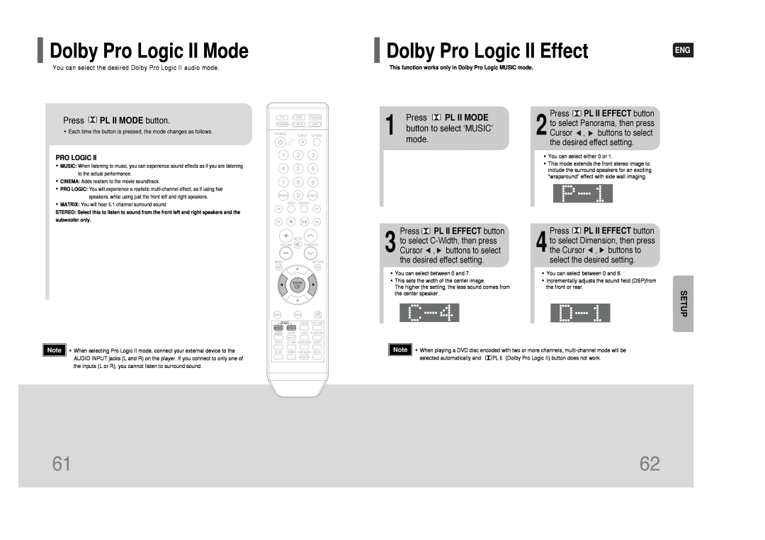 Samsung HT-XQ100 Dolby Pro Logic II Mode, Dolby Pro Logic II Effect, Press PL II MODE button, button to select ‘MUSIC’ 