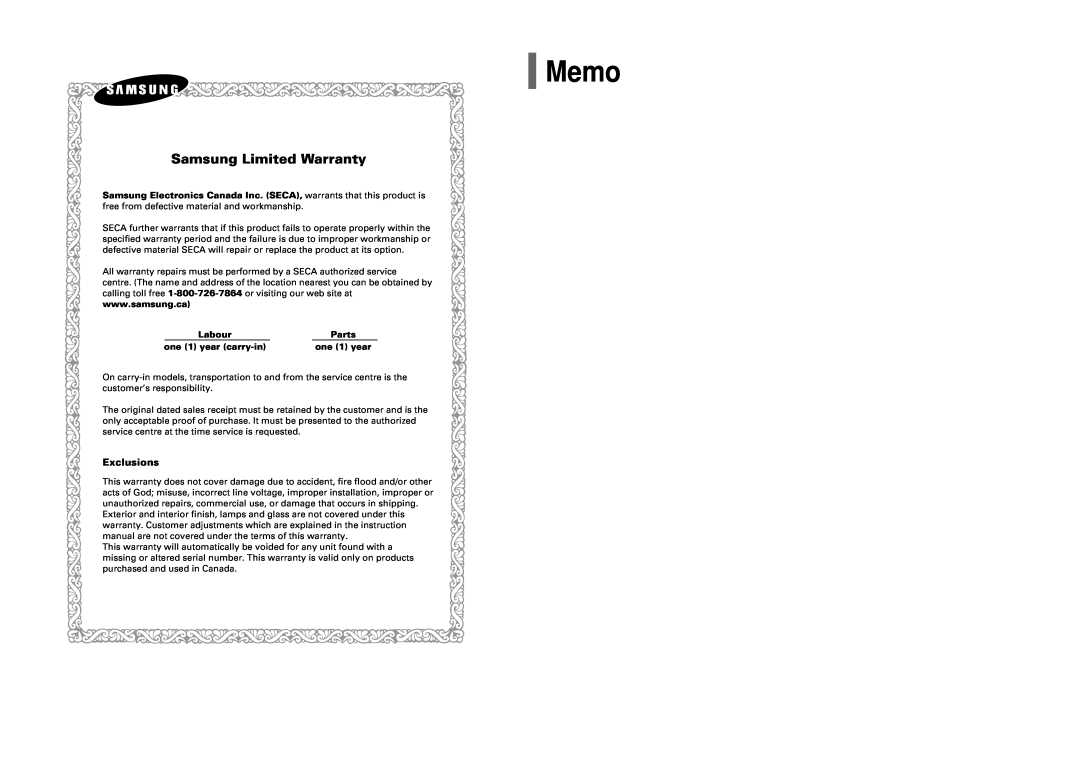 Samsung HT-XQ100 instruction manual Memo, Labour, Parts, one 1 year carry-in, Samsung Limited Warranty, Exclusions 
