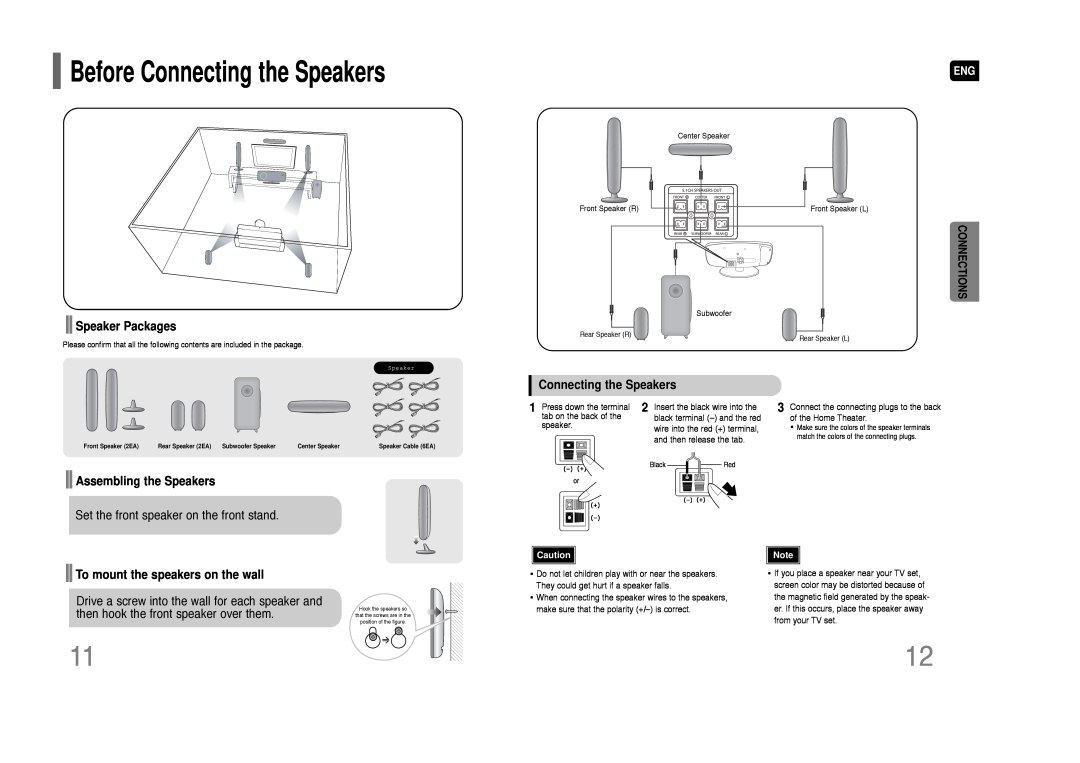 Samsung HT-XQ100 instruction manual Before Connecting the Speakers, Speaker Packages, Connections, Assembling the Speakers 