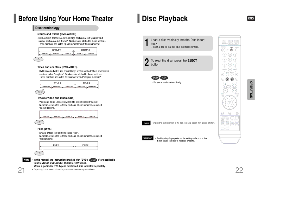 Samsung HT-XQ100G instruction manual Disc Playback, Disc terminology, Load a disc vertically into the Disc Insert Hole 