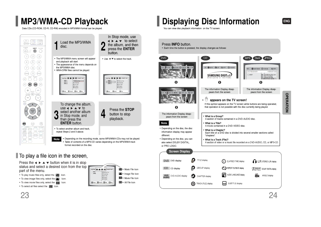 Samsung HT-XQ100G instruction manual MP3/WMA-CD Playback 