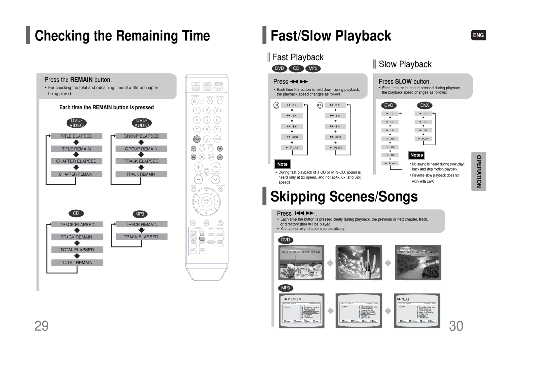 Samsung HT-XQ100G instruction manual Fast/Slow Playback, Skipping Scenes/Songs, Checking the Remaining Time 