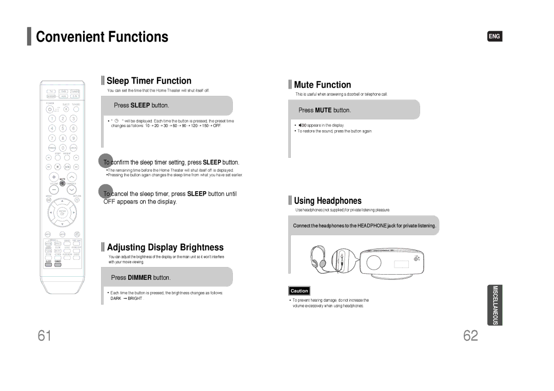 Samsung HT-XQ100G instruction manual Convenient Functions, Press Sleep button, Press Dimmer button 