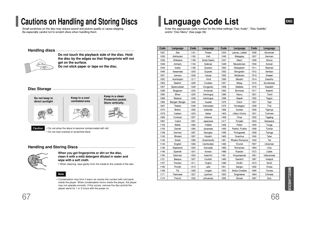 Samsung HT-XQ100G instruction manual Language Code List, Handling discs 