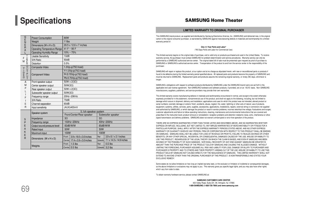 Samsung HT-XQ100G instruction manual Specifications 