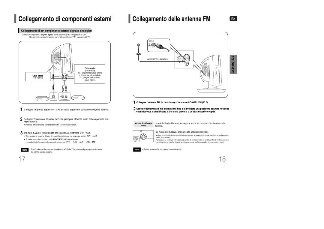 Samsung HT-Q100T/XEC manual Collegamento di componenti esterni, Collegamento di un componente esterno digitale, analogico 