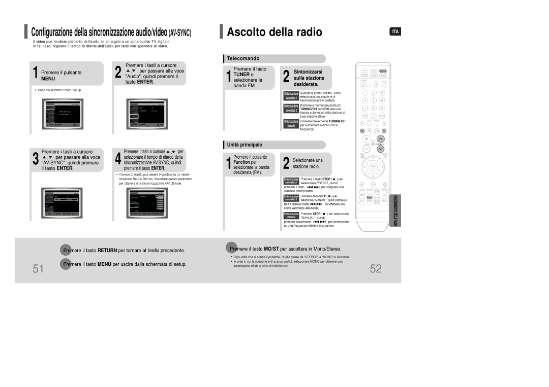 Samsung HT-Q100T/XET, HT-XQ100R/ELS manual Ascolto della radio, Telecomando, Premere il pulsante Menu, Unità principale 