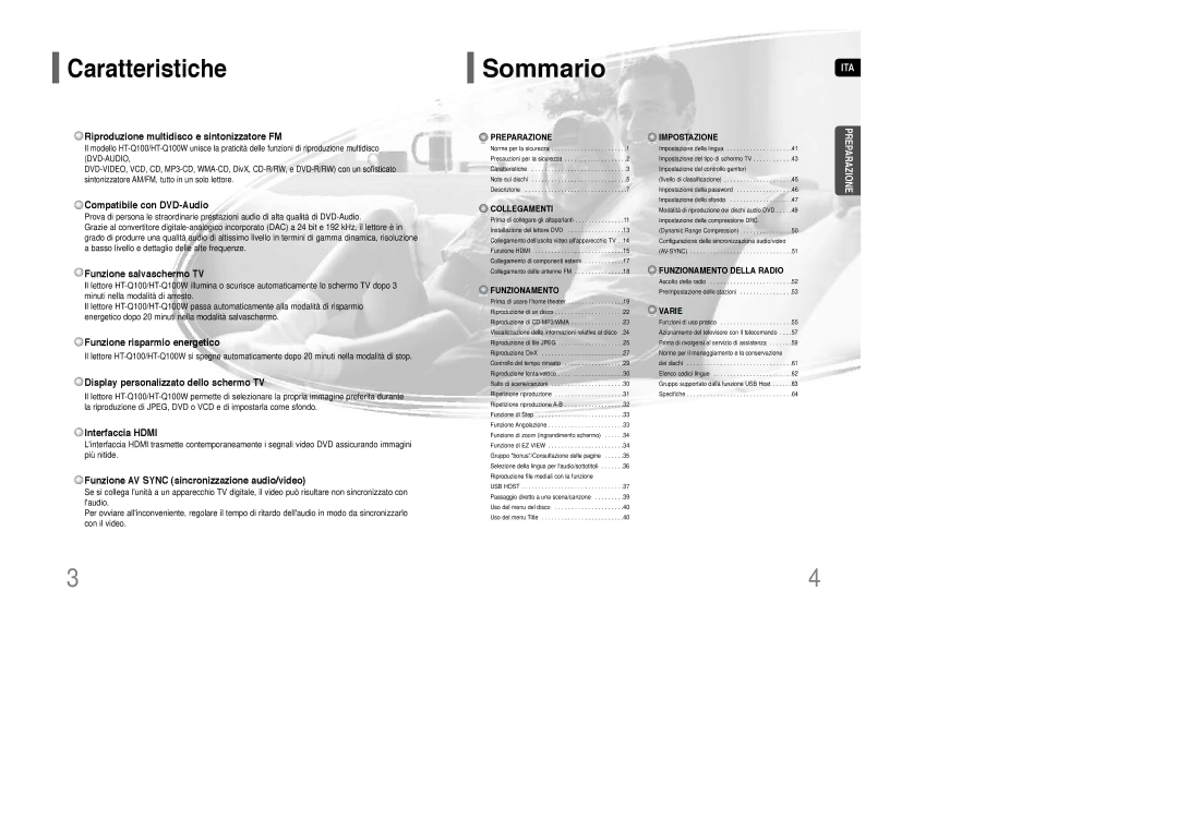 Samsung HT-Q100T/XET, HT-XQ100R/ELS, HT-Q100WR/ELS, HT-Q100R/ELS, HT-Q100T/XEC, HT-XQ100T/XET manual Caratteristiche 