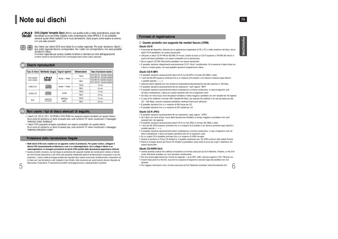 Samsung HT-Q100T/XEC manual Dischi riproducibili, Non usare i tipi di disco elencati di seguito, Formato di registrazione 