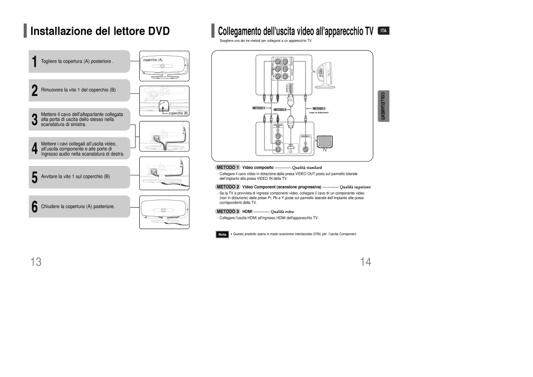 Samsung HT-Q100R/ELS, HT-XQ100R/ELS Installazione del lettore DVD, Collegamento delluscita video allapparecchio TV ITA 