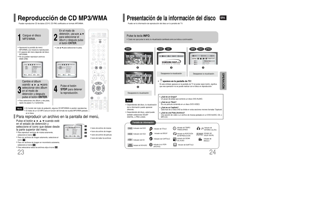 Samsung HT-Q100T/OMX manual Reproducción de CD MP3/WMA, Para reproducir un archivo en la pantalla del menú, Cargue el disco 