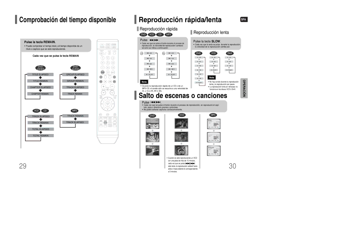 Samsung HT-XQ100R/ELS manual Reproducción rápida/lenta, Reproducción rápida Reproducción lenta, Pulse la tecla Remain 