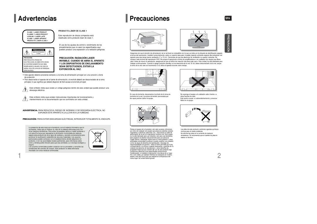 Samsung HT-Q100R/ELS, HT-XQ100R/ELS, HT-Q100WR/ELS, HT-Q100T/XET, HT-Q100T/XEC, HT-Q100T/OMX manual Advertencias PrecaucionesSPA 