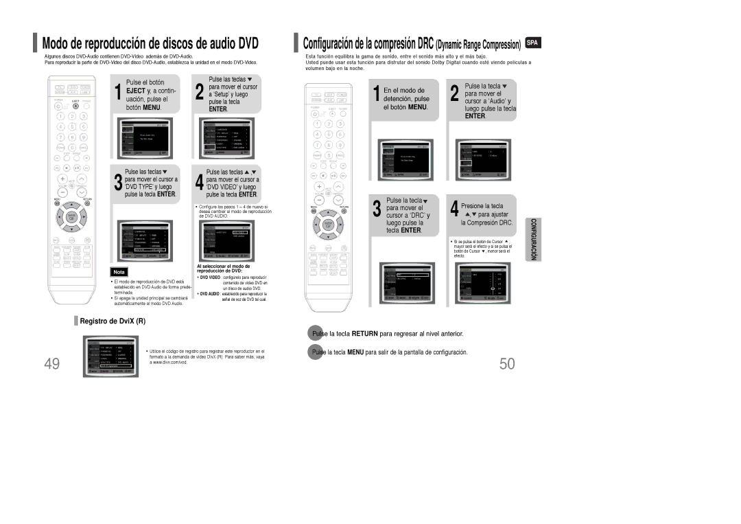 Samsung HT-Q100R/ELS manual Cursor a ‘DRC’ y luego pulse la tecla Enter, Eject y, a contin- uación, pulse el botón Menu 