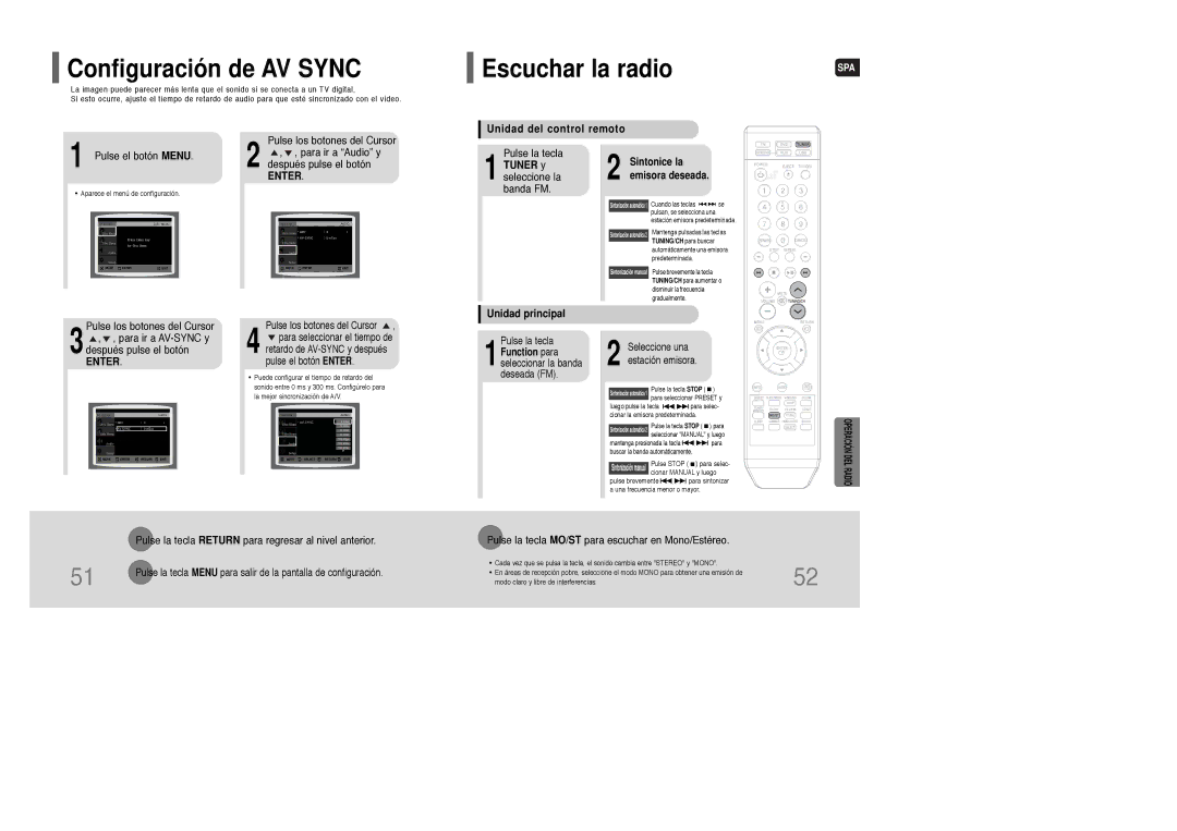 Samsung HT-Q100T/XET Configuración de AV Sync, Unidad del control remoto, Tuner y seleccione la banda FM, Unidad principal 