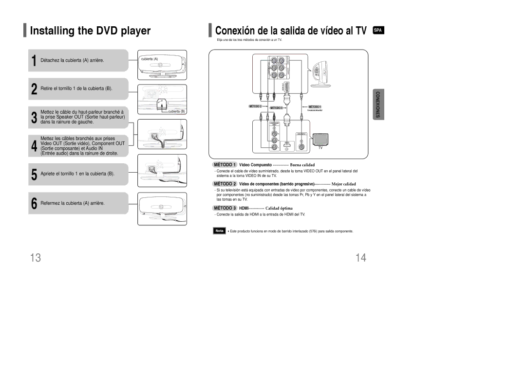 Samsung HT-XQ100R/ELS, HT-Q100WR/ELS Installing the DVD player, Método 1 Video Compuesto ............... Buena calidad 