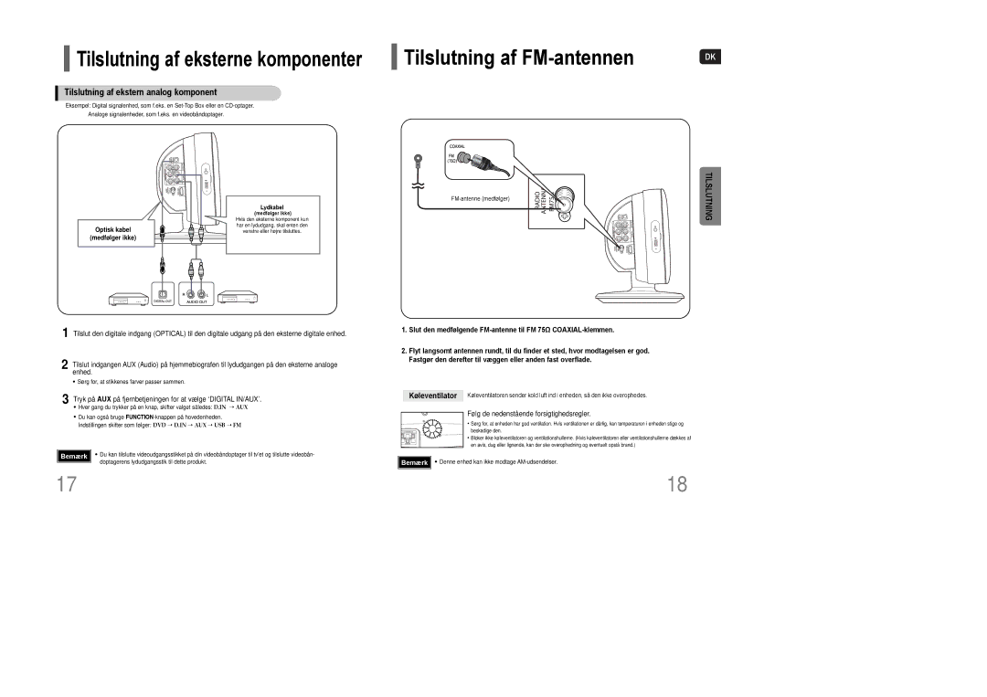 Samsung HT-Q100T/XEE, HT-XQ100R/ELS Tilslutning af FM-antennen, Tilslutning af ekstern analog komponent, Køleventilator 