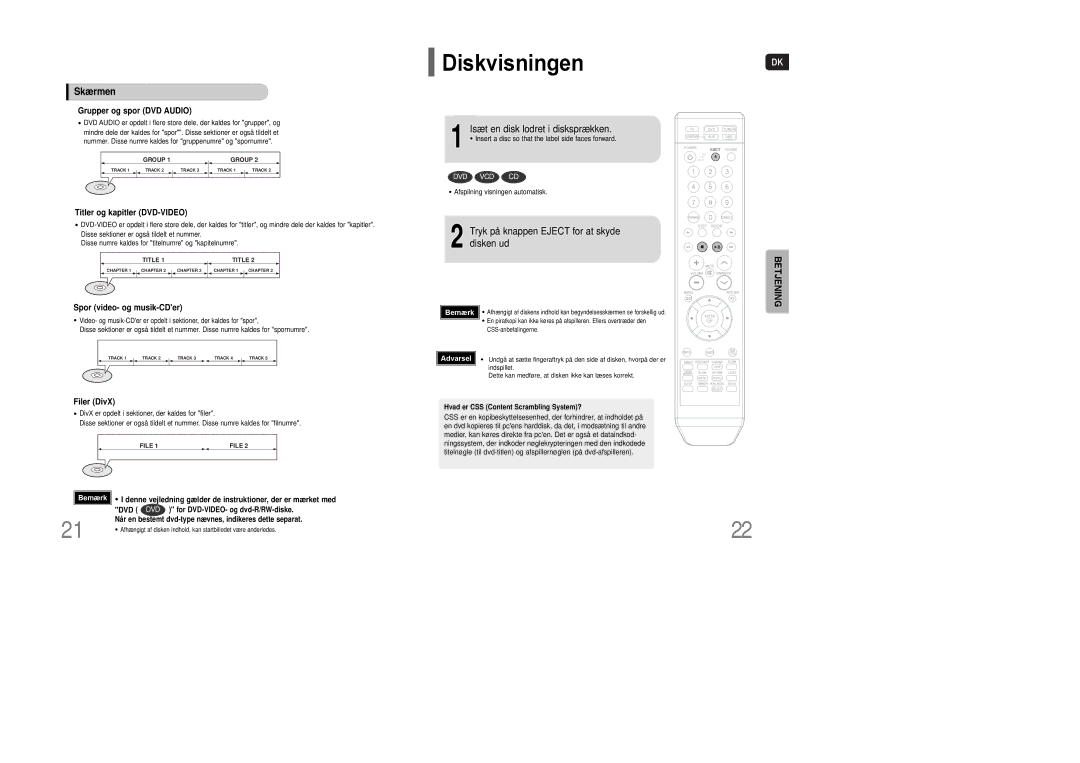 Samsung HT-XQ100R/ELS, HT-Q100WR/ELS, HT-Q100R/ELS, HT-Q100T/XEE Diskvisningen, Skærmen, Isæt en disk lodret i disksprækken 