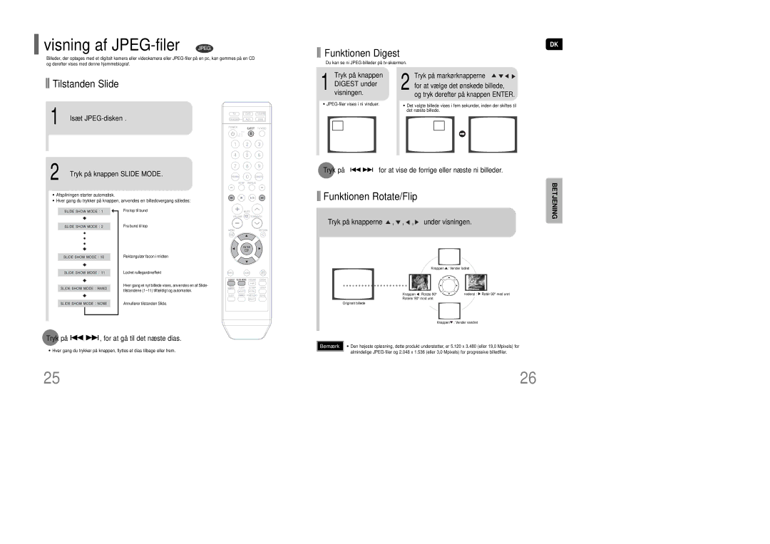 Samsung HT-Q100R/ELS, HT-XQ100R/ELS, HT-Q100WR/ELS manual Visning af JPEG-filer Jpeg, Funktionen Digest, Tilstanden Slide 