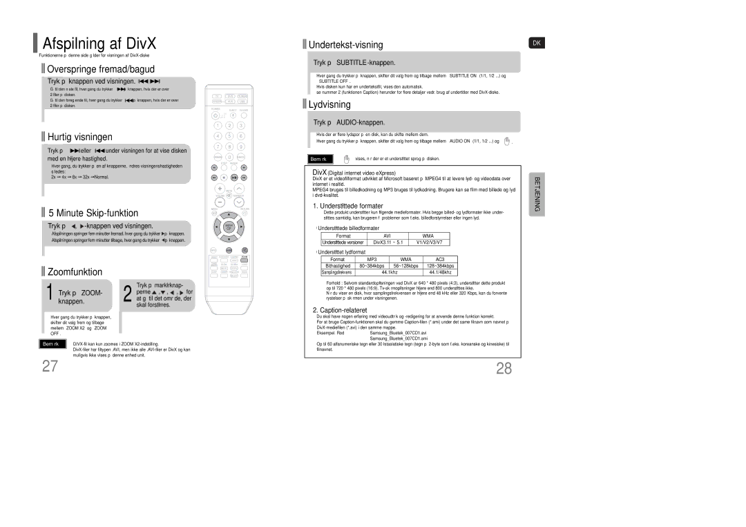 Samsung HT-XQ100WR/ELS, HT-XQ100R/ELS, HT-Q100WR/ELS, HT-Q100R/ELS, HT-Q100T/XEE, HT-XQ100T/XEE manual Afspilning af DivX 