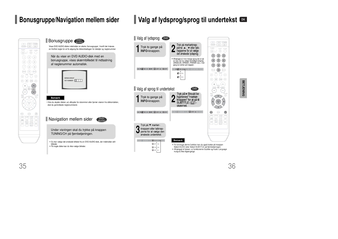 Samsung HT-Q100WR/ELS, HT-XQ100R/ELS manual Bonusgruppe DVD, Navigation mellem sider DVD, 1Tryk to gange på INFO-knappen 