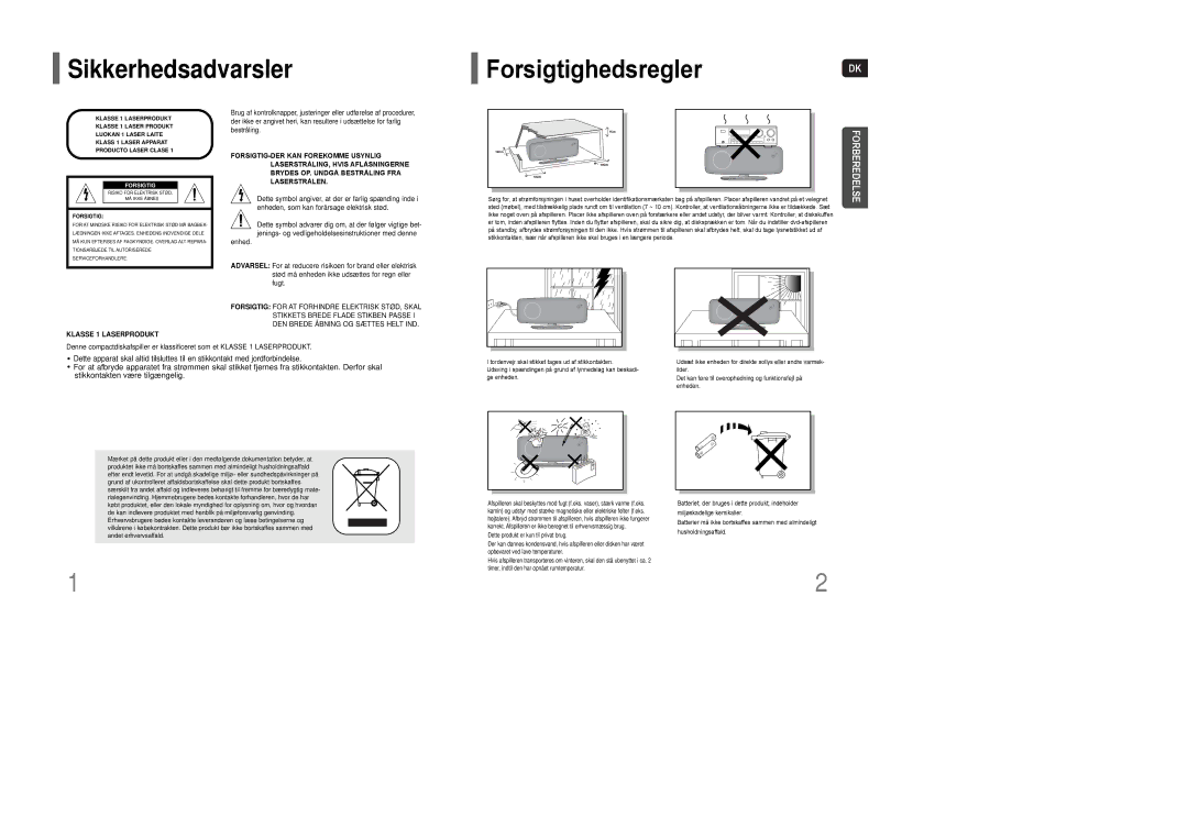 Samsung HT-Q100R/ELS, HT-XQ100R/ELS, HT-Q100WR/ELS, HT-XQ100WR/ELS, HT-Q100T/XEE Sikkerhedsadvarsler ForsigtighedsreglerDK 