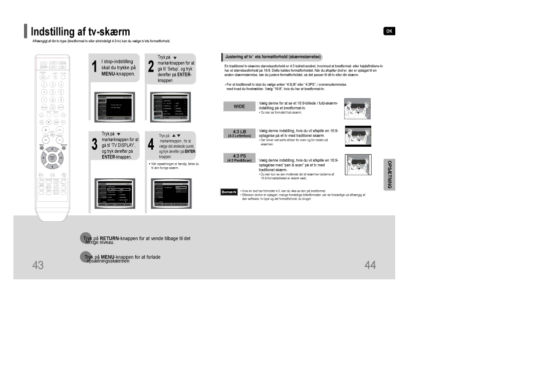 Samsung HT-XQ100T/XEE, HT-XQ100R/ELS, HT-Q100WR/ELS manual Justering af tv’ets formatforhold skærmstørrelse, 43 LB, 43 PS 