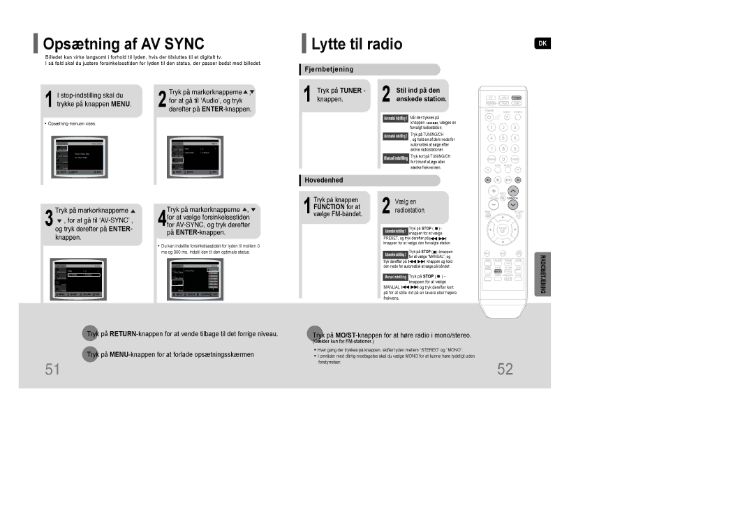 Samsung HT-XQ100WR/ELS Opsætning af AV Sync, Lytte til radio, Fjernbetjening, Stil ind på den ønskede station, Hovedenhed 