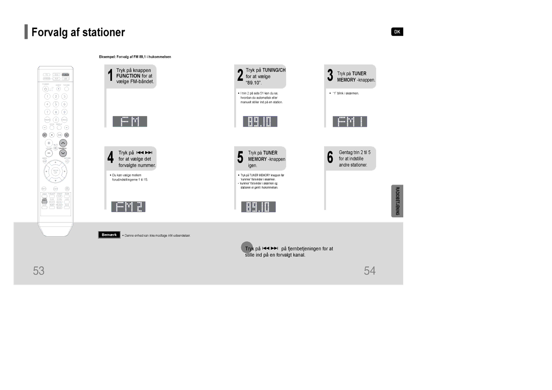 Samsung HT-Q100T/XEE, HT-XQ100R/ELS, HT-Q100WR/ELS, HT-Q100R/ELS manual Forvalg af stationer, Tryk på TUNING/CH for at vælge 