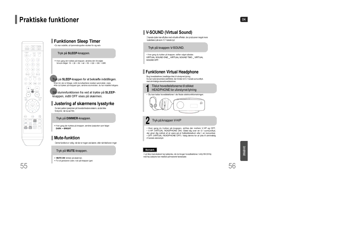 Samsung HT-XQ100T/XEE, HT-XQ100R/ELS, HT-Q100WR/ELS, HT-Q100R/ELS, HT-XQ100WR/ELS, HT-Q100T/XEE manual Praktiske funktioner 