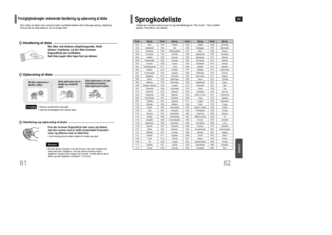 Samsung HT-Q100R/ELS, HT-XQ100R/ELS, HT-Q100WR/ELS, HT-XQ100WR/ELS manual SprogkodelisteDK, Håndtering og opbevaring af diske 