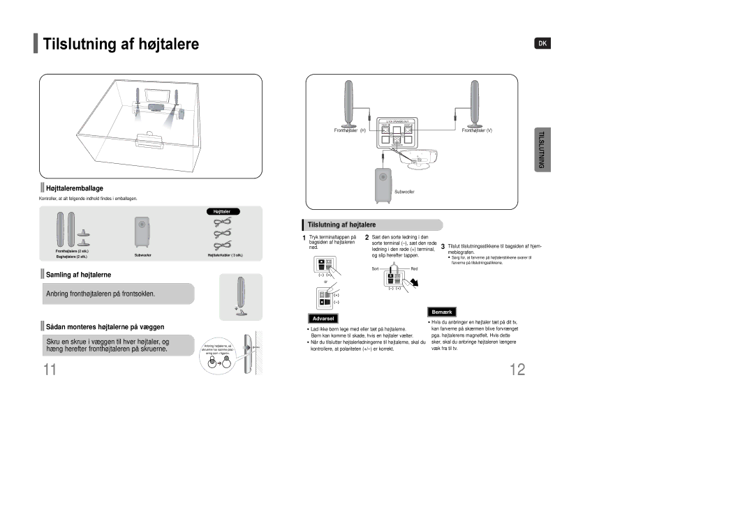 Samsung HT-Q100WR/ELS, HT-XQ100R/ELS, HT-Q100R/ELS manual Tilslutning af højtalere, Højttaleremballage, Samling af højtalerne 