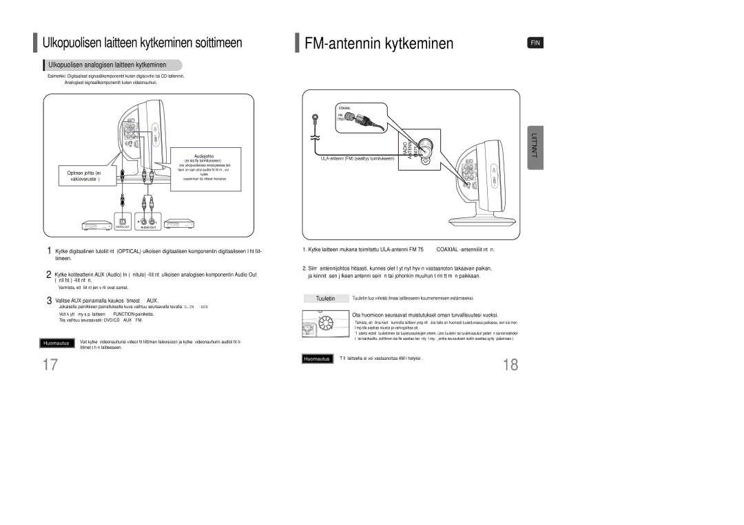 Samsung HT-Q100T/XEE, HT-XQ100R/ELS manual FM-antennin kytkeminen, Ulkopuolisen analogisen laitteen kytkeminen, Tuuletin 