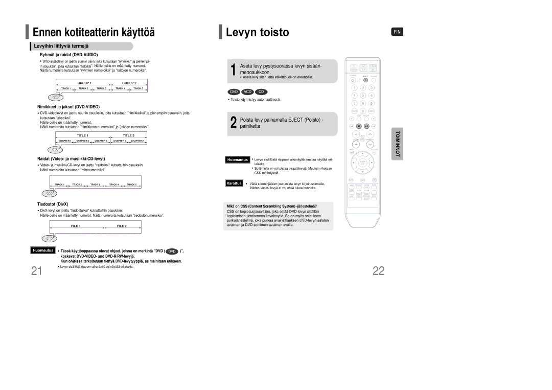 Samsung HT-XQ100R/ELS manual Levyn toisto, Levyihin liittyviä termejä, Aseta levy pystysuorassa levyn sisään- menoaukkoon 